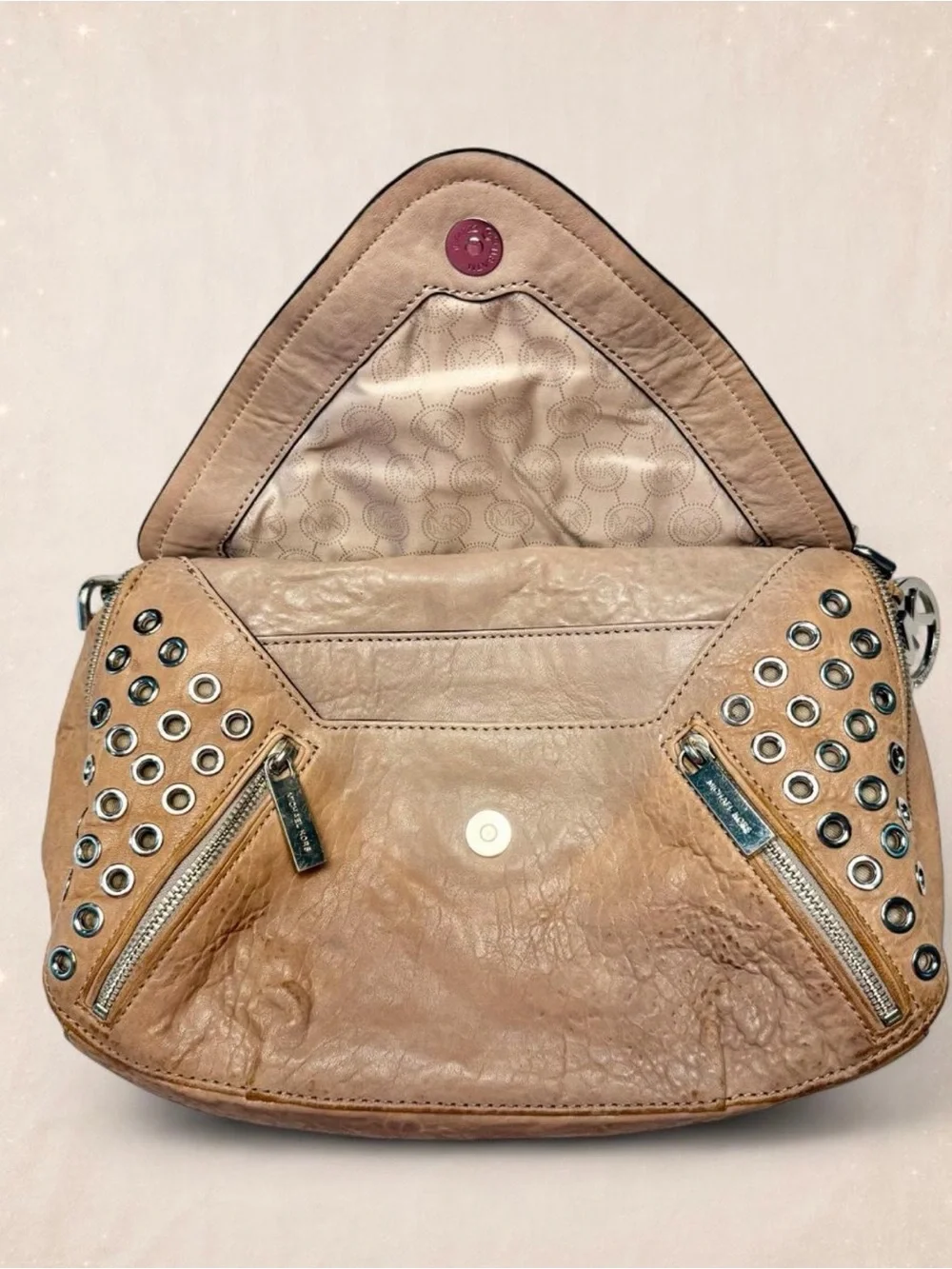 Michael Kors Beige Studded Leather Satchel with Chain Strap